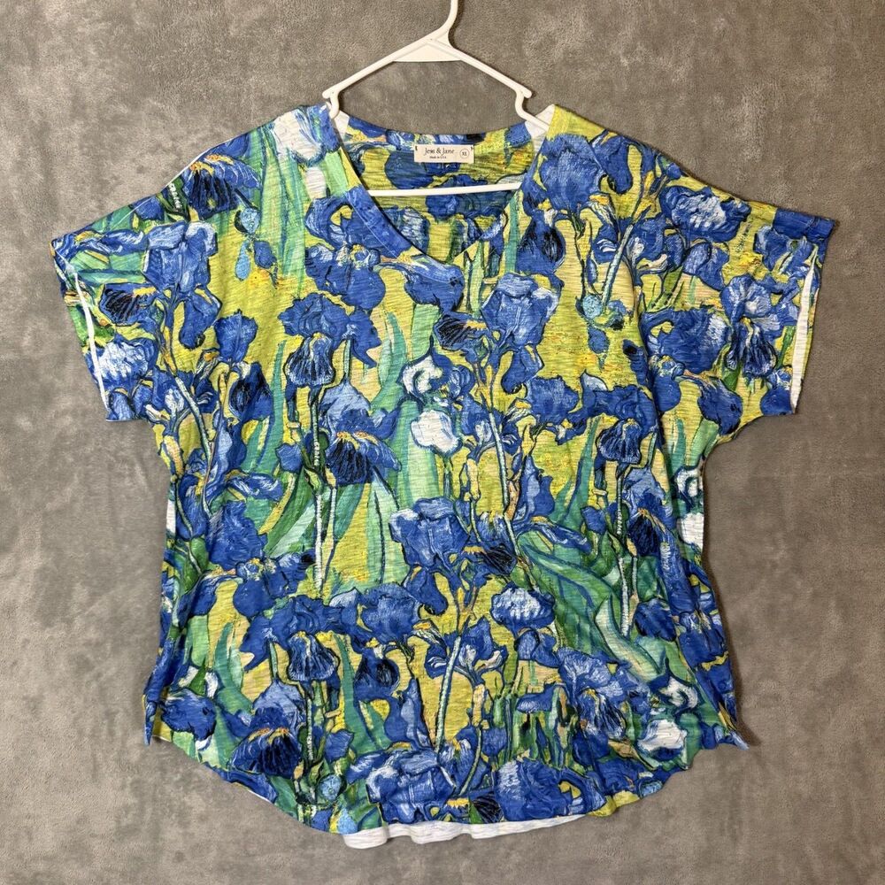 Jess & Jane Top Womens XL Blue Green Yellow Iris Floral Short Sleeve USA Artsy